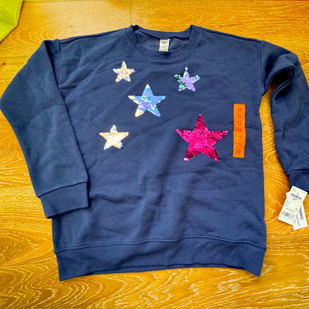 NWT OshKosh Girls Navy/Blue Sweatshirt Crew Neck Sweater Size 12 Flip Sequins